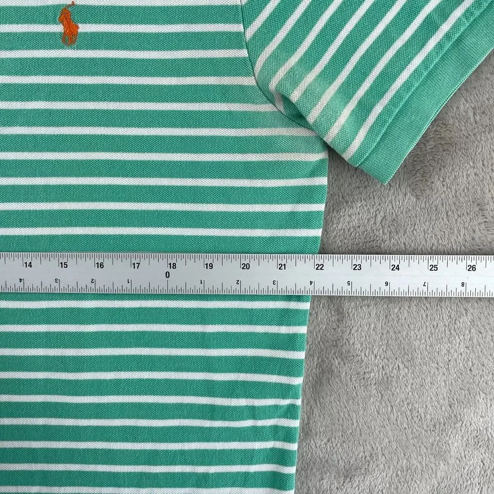 Polo Ralph Lauren Polo Shirt Men Large Aqua Green Striped‎ Orange Pony SS Preppy